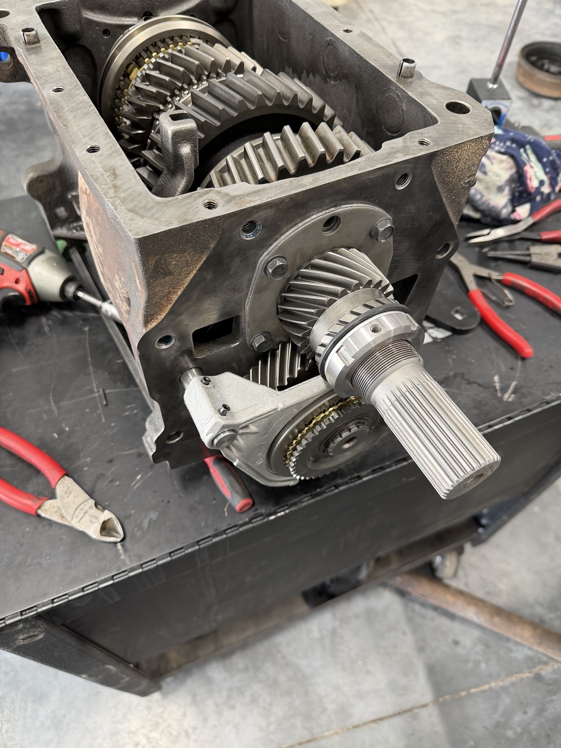 Manual transmission being rebuilt in the Orton Diesel shop